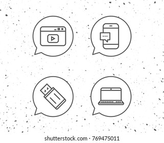 Speech bubbles with signs. Notebook, USB flash drive and Browser window line icons. Smartphone communication sign. Computer devices. Grunge background. Editable stroke. Vector