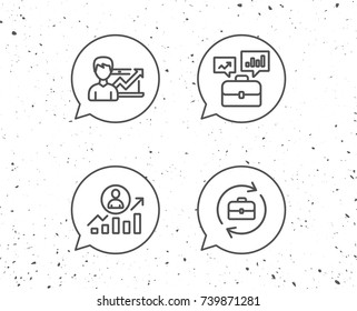 Speech bubbles with signs. Portfolio case, Business results and HR line icons. Job Analytics, Growth chart and Business case signs. Grunge background. Editable stroke. Vector