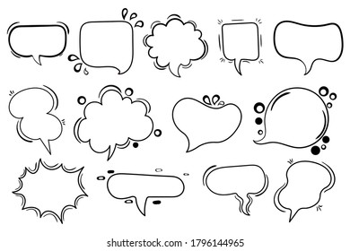 Speech bubbles sketch
Comic speech bubbles set.
Vector illustration of chat word bubbles, hand drawn cloud, banner in comic style isolated on background. Abstract concept graphic element of chat text