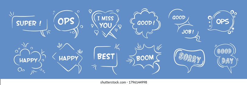 Speech bubbles sketch
Comic speech bubbles set.
Vector illustration of chat word bubbles, hand drawn cloud, banner in comic style isolated on background. Abstract concept graphic element of chat text