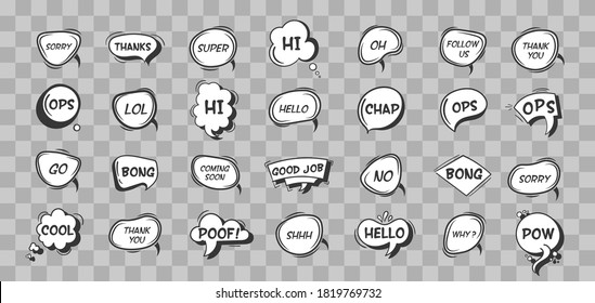 Speech bubbles sketch
Comic speech bubbles set.
Vector illustration of chat word bubbles, hand drawn cloud, banner in comic style isolated on background. Abstract concept graphic element of chat text