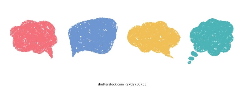 Speech bubbles sketch doodle set. Crayon pencil chalk texture. Communication idea text frame. Comic talk balloon. Childish education text box cloud isolated