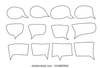 Speech bubbles sketch isolated on white background. Collection of  chat elements. Vector illustartion in doodle style.