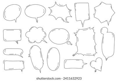 Speech bubbles sketch set. Template for comics. Communication and interaction. Blank and empty space for text. Dialogue and chat. Linear flat vector collection isolated on white background