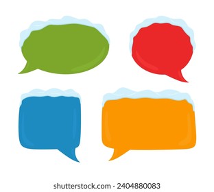 Speech bubbles with snow. Set of four colorful conversation dialog boxes isolated. Thinking, chatting and message box elements in cartoon style for snowy winter season. Flat vector illustration