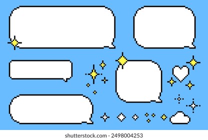 Speech bubbles with sparkles. Shining dialogue box in pixel art. Y2k trendy playful pixels stickers. Mood of 90's aesthetics. 8-bit retro style glittering vector illustration. Simple geometric form