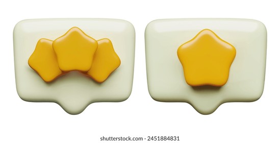 Speech bubbles with stars 3d icon render. Customer loyalty, review and feedback concept minimal three dimensional vector illustration on white background.