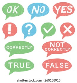 Speech bubbles, sticker, label, sign, tag with green, blue and red color