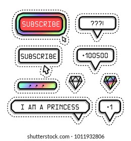 Speech bubbles. Sticker style pixel art, social icons, buttons blog dialog window. Web Design elements vector illustration
