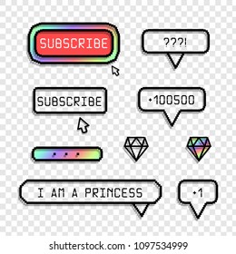 Speech bubbles. Sticker style pixel art, social icons, buttons blog dialog window. Web Design elements vector illustration