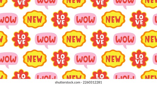 Speech bubbles, stickers seamless pattern with Love, wow, new words. Ninties, eighties fashion funky retro style background texture with chat message short phrases. Trendy design, vector illustration.