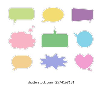Speech bubbles stickers set. Multicolored text boxes minimalistic style.