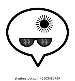 Speech bubbles, sun glasses and sun icon in grey scale isolated on white background.