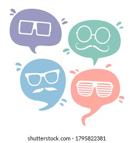 Speech bubbles with sunglasses and mustaches.Vector illustration of funny speech bubble characters series.