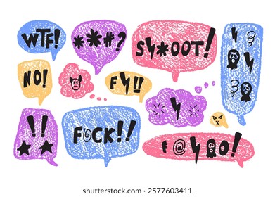 Speech bubbles with swear symbols words. Curse crayon doodle text. Bad bulling expression on chat dialog boxes. Aggressive swearwords isolated on white background. Haters signs. Vector illustration.