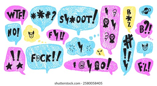 Speech bubbles with swear symbols words. Curse crayon doodle text. Bad bulling expression on chat dialog boxes. Aggressive swearwords isolated on white background. Haters signs. Vector illustration.