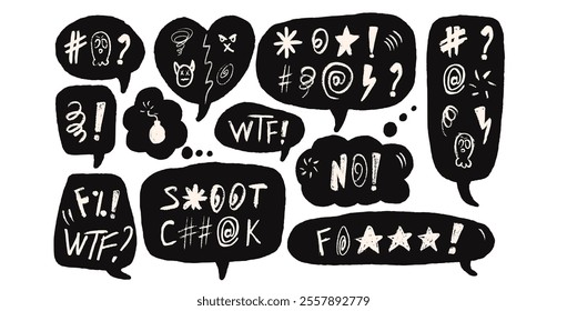 Speech bubbles with swear words. Curse crayon doodle text. Strong language expression on chat dialog boxes. Aggressive rude swearwords isolated on white background. Rage signs. Vector illustration