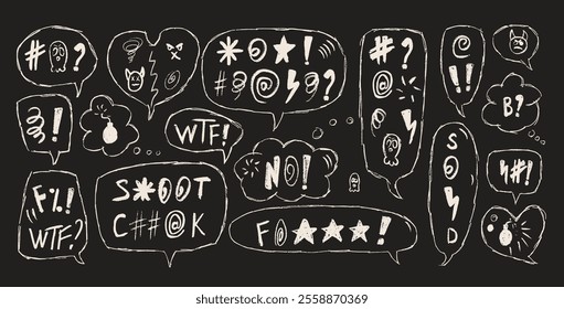 Speech bubbles with swear words. Curse crayon doodle text. Bad bulling expression on chat dialog boxes. Aggressive swearwords isolated on black background. Haters signs. Vector hand drawn illustration