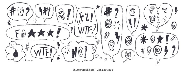 Speech bubbles with swear words. Curse crayon doodle line text. Bad bulling expression on chat dialog boxes. Aggressive hate isolated on white background. Vector hand drawn insult illustration