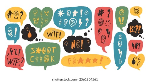 Speech bubbles with swear words. Curse colorful crayon drawing doodle text. Bad emotion expression on chat dialog boxes. Aggressive hate signs isolated on white background. Vector illustration