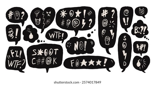 Speech bubbles with swear words. Curse crayon doodle text. Negative expression on chat dialog c;ouds. Aggressive swearwords isolated on white background. Vector hand drawn illustration