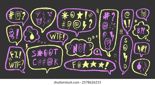 Speech bubbles with swear words. Curse crayon doodle text. Bad bulling expression on chat dialog boxes. Aggressive swearwords isolated on black background. Haters signs. Vector hand drawn illustration