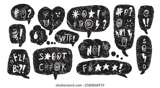 Speech bubbles with swear words. Curse crayon doodle text. Negative expression on chat dialog boxes. Aggressive swearwords isolated on white background. Vector hand drawn illustration.