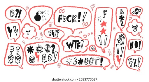 Speech bubbles with swear words. Curse crayon doodle text. Bad bulling expression on chat dialog boxes. Aggressive swearwords isolated on white background. Haters signs. Vector hand drawn illustration