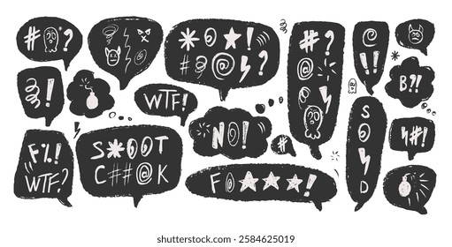 Speech bubbles with swear words. Curse crayon doodle text. Negative expression on chat textboxes. Aggressive swearwords isolated on white background. Vector hand drawn illustration.