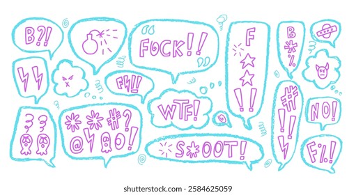 Speech bubbles with swear words. Curse crayon doodle text. Bad bulling expression on chat dialog boxes. Aggressive swearwords isolated on white background. Haters signs. Vector hand drawn illustration