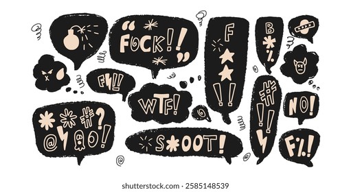 Speech bubbles with swear words. Curse crayon doodle text. Negative expression on chat dialog clouds. Aggressive swearwords isolated on white background. Vector hand drawn illustration.