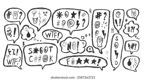 Speech bubbles with swear words. Curse crayon doodle text. Bad feeling expression on chat dialog boxes. Aggressive insult isolated on white background. Haters signs. Vector hand drawn illustration.