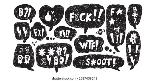 Speech bubbles with swear words. Curse crayon doodle text. Negative expression. Aggressive swearwords isolated on white background. Vector hand drawn illustration.