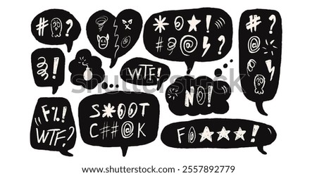 Speech bubbles with swear words. Curse crayon doodle text. Strong language expression on chat dialog boxes. Aggressive rude swearwords isolated on white background. Rage signs. Vector illustration