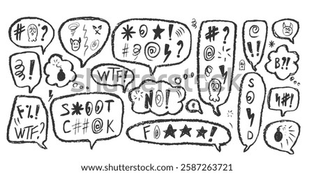 Speech bubbles with swear words. Curse crayon doodle text. Bad feeling expression on chat dialog boxes. Aggressive insult isolated on white background. Haters signs. Vector hand drawn illustration.
