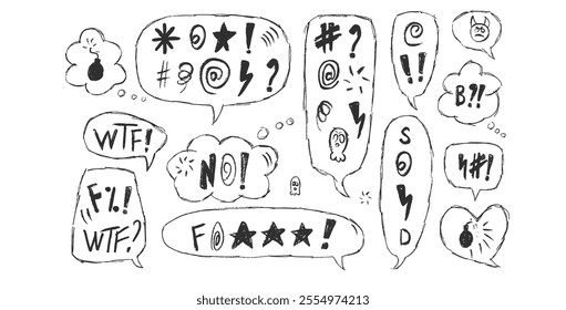 Speech bubbles with swear words set. Curse crayon doodle text. Bad bulling expression on chat dialog boxes. Aggressive swearwords isolated on white background. Vector outline hand drawn illustration