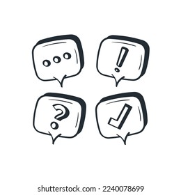 Speech bubbles symbol for chat on social media icon isolated background. Chat, alert, question, checklist doodle black line. Hand drawn speech bubbles icon vector with shadow illustration