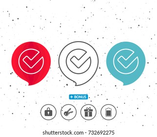 Speech bubbles with symbol. Check line icon. Approved Tick sign. Confirm, Done or Accept symbol. Bonus with different classic signs. Random circles background. Vector