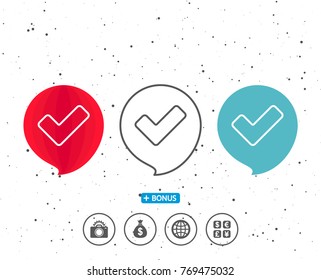 Speech bubbles with symbol. Check line icon. Approved Tick sign. Confirm, Done or Accept symbol. Bonus with different classic signs. Random circles background. Vector