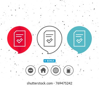 Speech bubbles with symbol. Checked Document line icon. Information File with Check sign. Correct Paper page concept symbol. Bonus with different classic signs. Random circles background. Vector