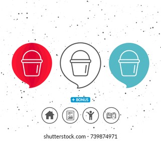 Speech bubbles with symbol. Cleaning bucket line icon. Washing Housekeeping equipment sign. Bonus with different classic signs. Random circles background. Vector