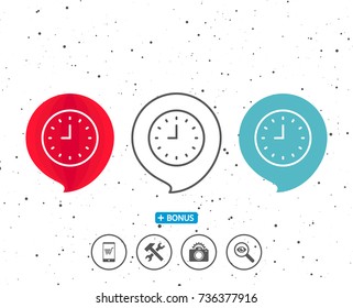 Speech bubbles with symbol. Clock line icon. Time sign. Office Watch or Timer symbol. Bonus with different classic signs. Random circles background. Vector