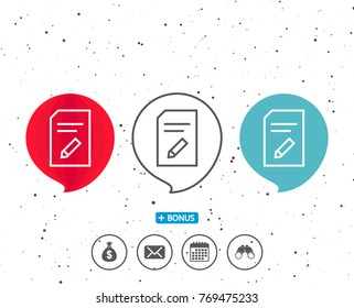 Speech bubbles with symbol. Edit Document line icon. Information File sign. Paper page with pencil concept symbol. Bonus with different classic signs. Random circles background. Vector