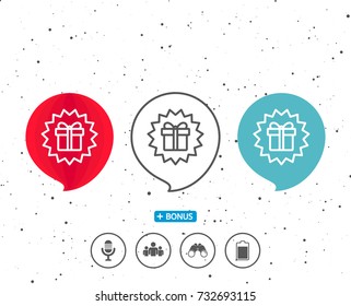 Speech bubbles with symbol. Gift box offer line icon. Present or Sale sign. Birthday Shopping symbol. Package in Gift Wrap. Bonus with different classic signs. Random circles background. Vector