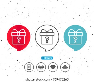 Speech bubbles with symbol. Gift box with Question mark line icon. Present or Sale sign. Birthday Shopping symbol. Package in Gift Wrap. Bonus with different classic signs. Random circles background