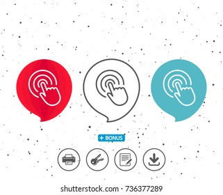 Speech bubbles with symbol. Hand Click line icon. Finger touch sign. Cursor pointer symbol. Bonus with different classic signs. Random circles background. Vector