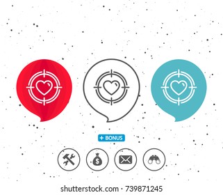 Speech bubbles with symbol. Heart in Target aim line icon. Love dating symbol. Valentines day sign. Bonus with different classic signs. Random circles background. Vector