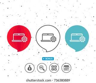 Speech bubbles with symbol. Laptop computer icon. Notebook Service sign. Portable personal computer symbol. Bonus with different classic signs. Random circles background. Vector