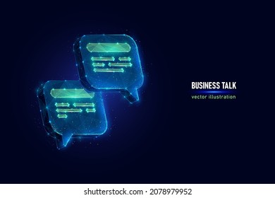 Speech bubbles symbol of online communication digital wireframe made of connected dots. Internet chatting sign low poly vector illustration on blue background.