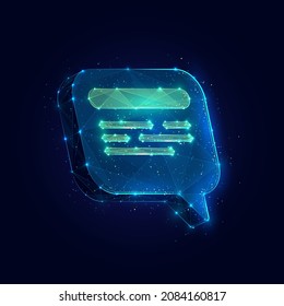 Símbolo de burbujas de voz de la red de comunicación digital wireframe digital hecho de puntos conectados. Imagen vectorial de baja polilla en el fondo azul.